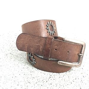 Vermillion leather women's belt with silver sun details boho festival size large